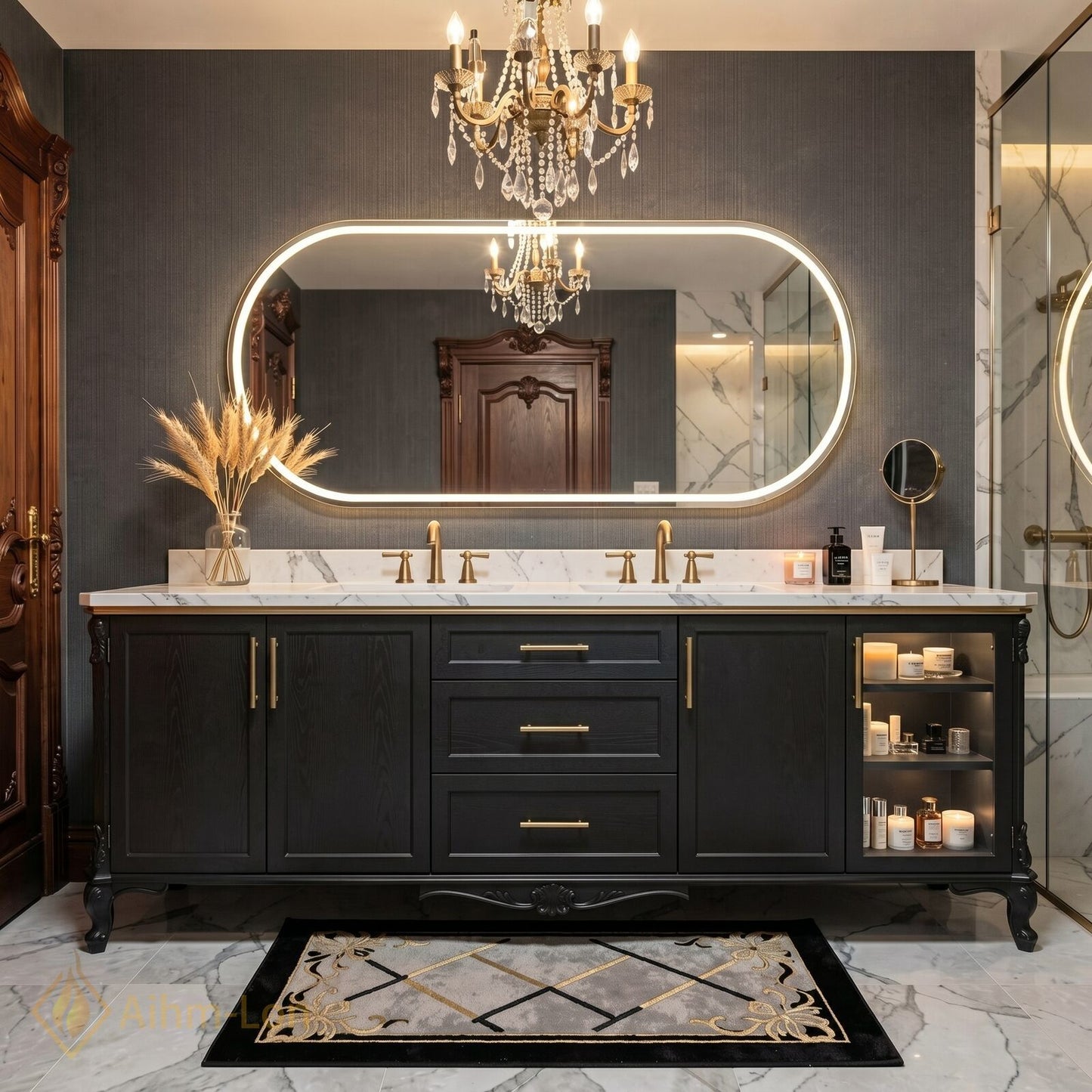 60''-96'' Double Bathroom Vanity with Sink Curved Marble-Look Stone Glass Display Cabinet