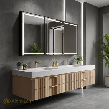 60''-96'' Triple Bathroom Vanity with Sink Warm Oak Slatted Doors White Marble