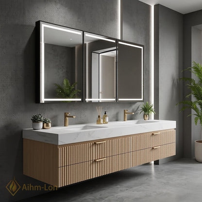 60''-96'' Triple Bathroom Vanity with Sink Warm Oak Slatted Doors White Marble