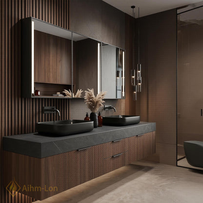 60''-96'' Double Bathroom Vanity with Sink Dark Grey Stone Top Slatted Front