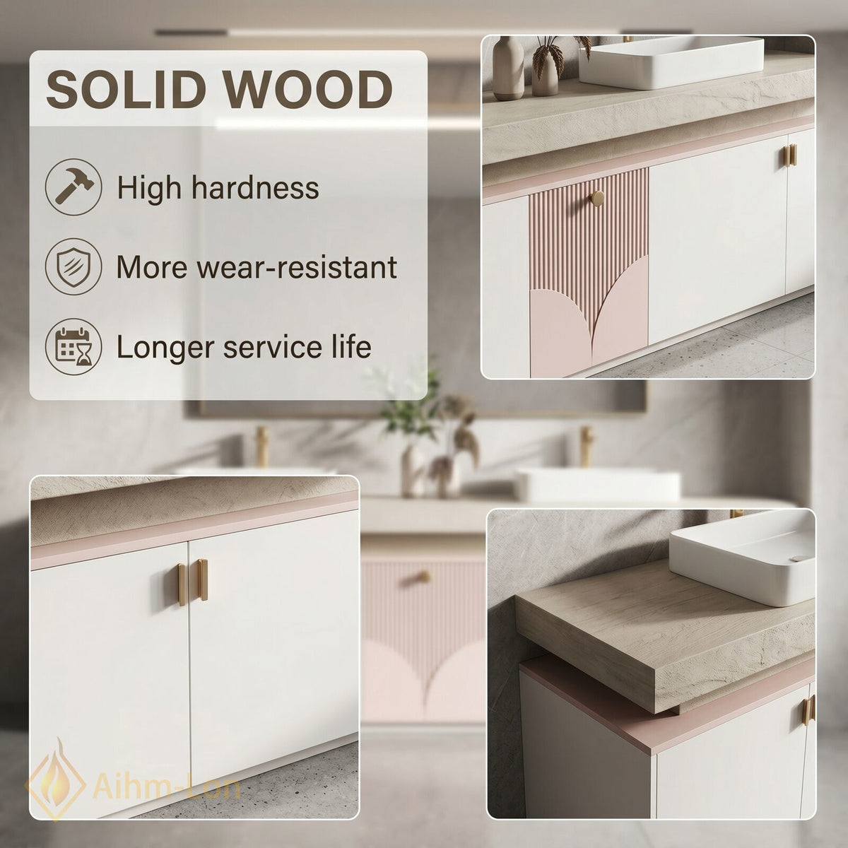 70''-96'' Double Bathroom Vanity with Sink Soft Pink Finish Slatted Center Panel