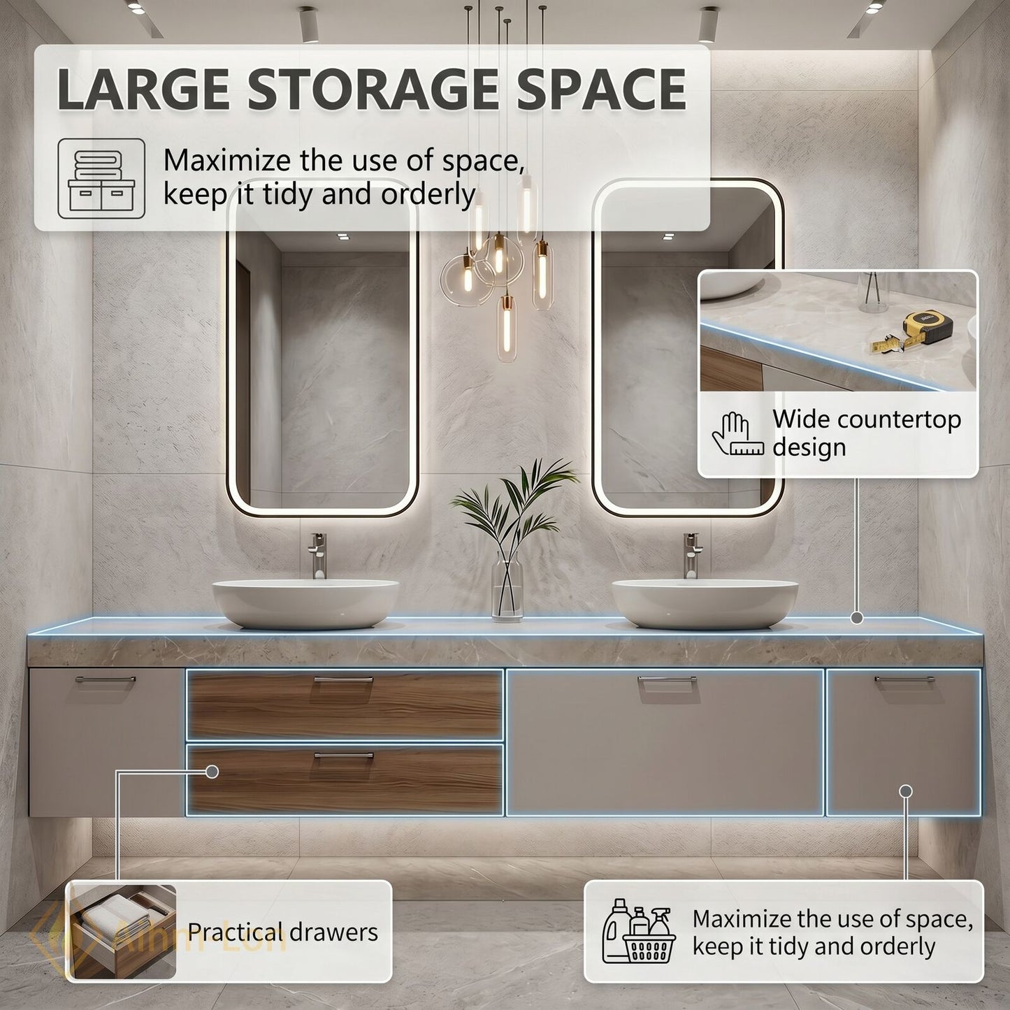 70''-96'' Double Bathroom Vanity with Sink Floating Mirror-Cabinet Design Marble Pattern Top