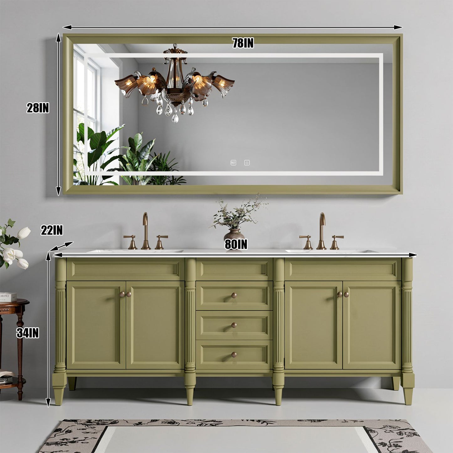 60"-96"Large Classic Bathroom Vanity with Double Sink   Cabinet with Integrated Mirror