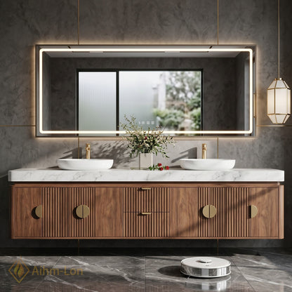 76''-96'' Double Bathroom Vanity with Sink Warm Wood Marble Top Gold Knobs