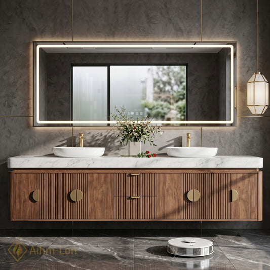 76''-96'' Double Bathroom Vanity with Sink Warm Wood Marble Top Gold Knobs