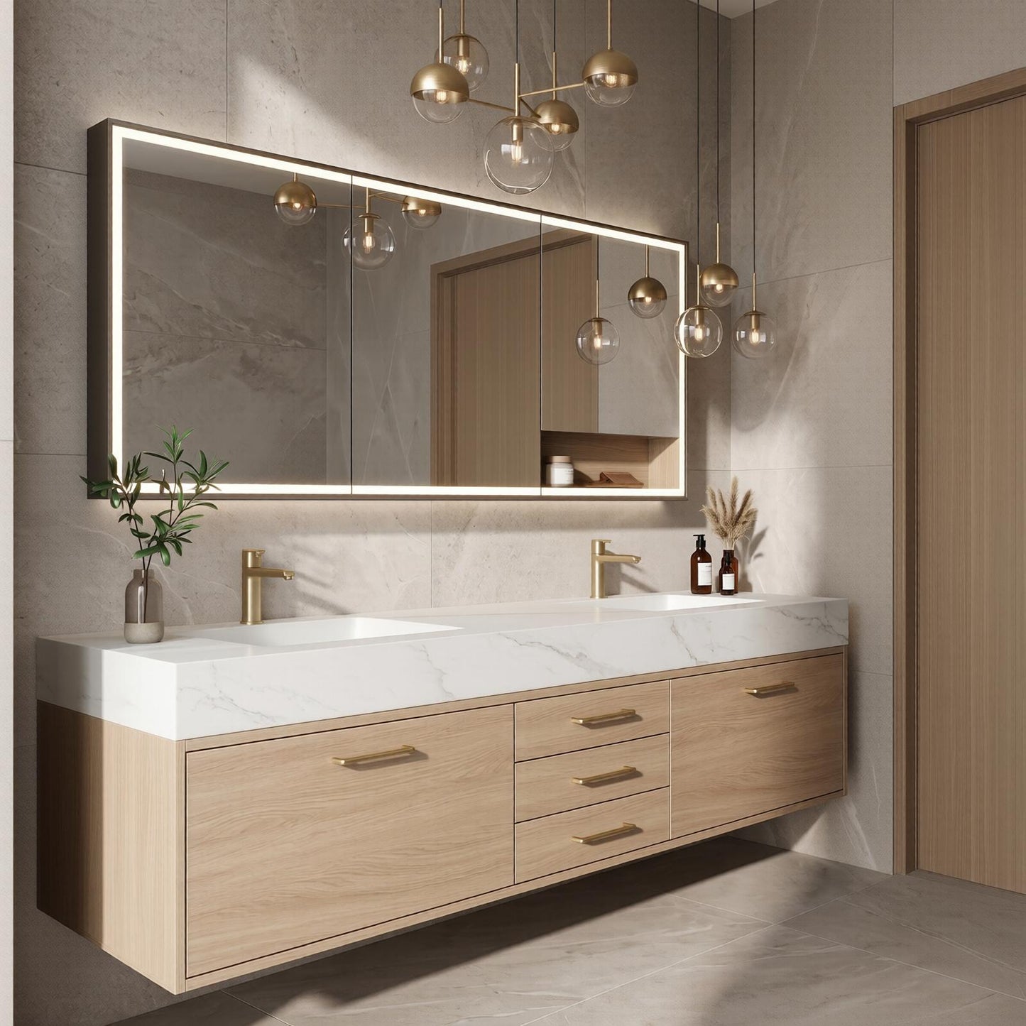 60''-96'' Modern Bathroom Vanity with Sink Double Sink Light Oak Finish Wide Countertop Cabinet