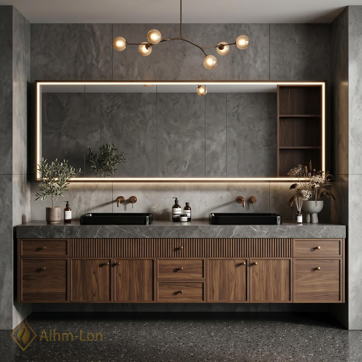 60''-96'' Double Bathroom Vanity with Sink Slatted Ribbed Front Warm Walnut Cabinet
