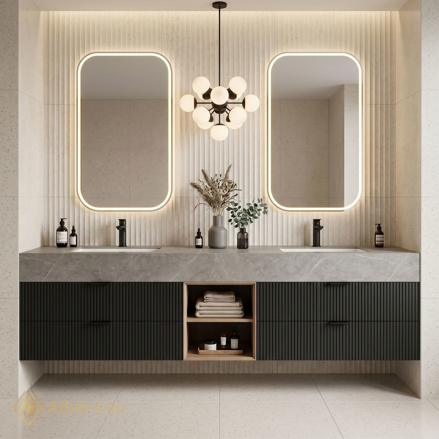 60''-96'' Double Bathroom Vanity with Sink Stone-Top Ribbed Dark Panels Smooth Open