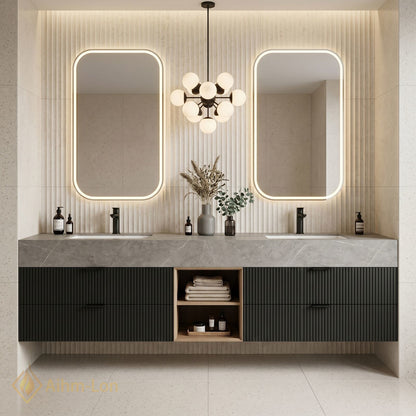 60''-96'' Double Bathroom Vanity with Sink Stone-Top Ribbed Dark Panels Smooth Open
