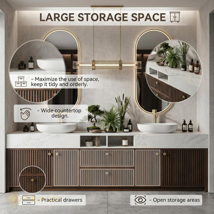 60''-96'' Double Bathroom Vanity with Sink Dark-Walnut Modern Floating Slatted-Panels