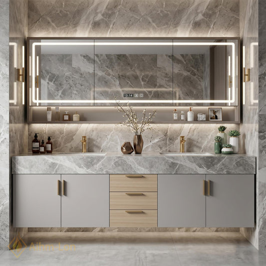 60''-96'' Double Bathroom Vanity with Sink Modern Floating Marble Drawer Storage Vein