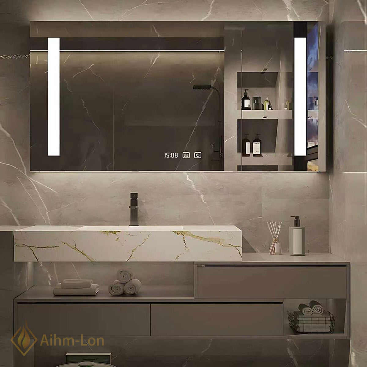 36''-110'' Double Bathroom Vanity with Sink Floating Marble Top Grey Mirror Storage