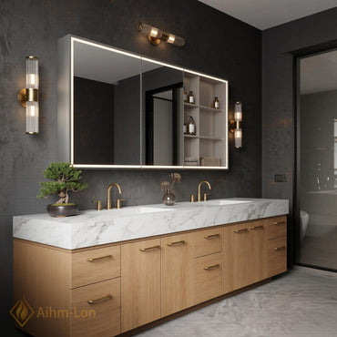 60''-96'' Double Bathroom Vanity with Sink Modern White Marble Warm Oak Wood Finish