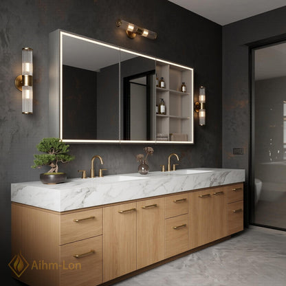 60''-96'' Double Bathroom Vanity with Sink Modern White Marble Warm Oak Wood Finish
