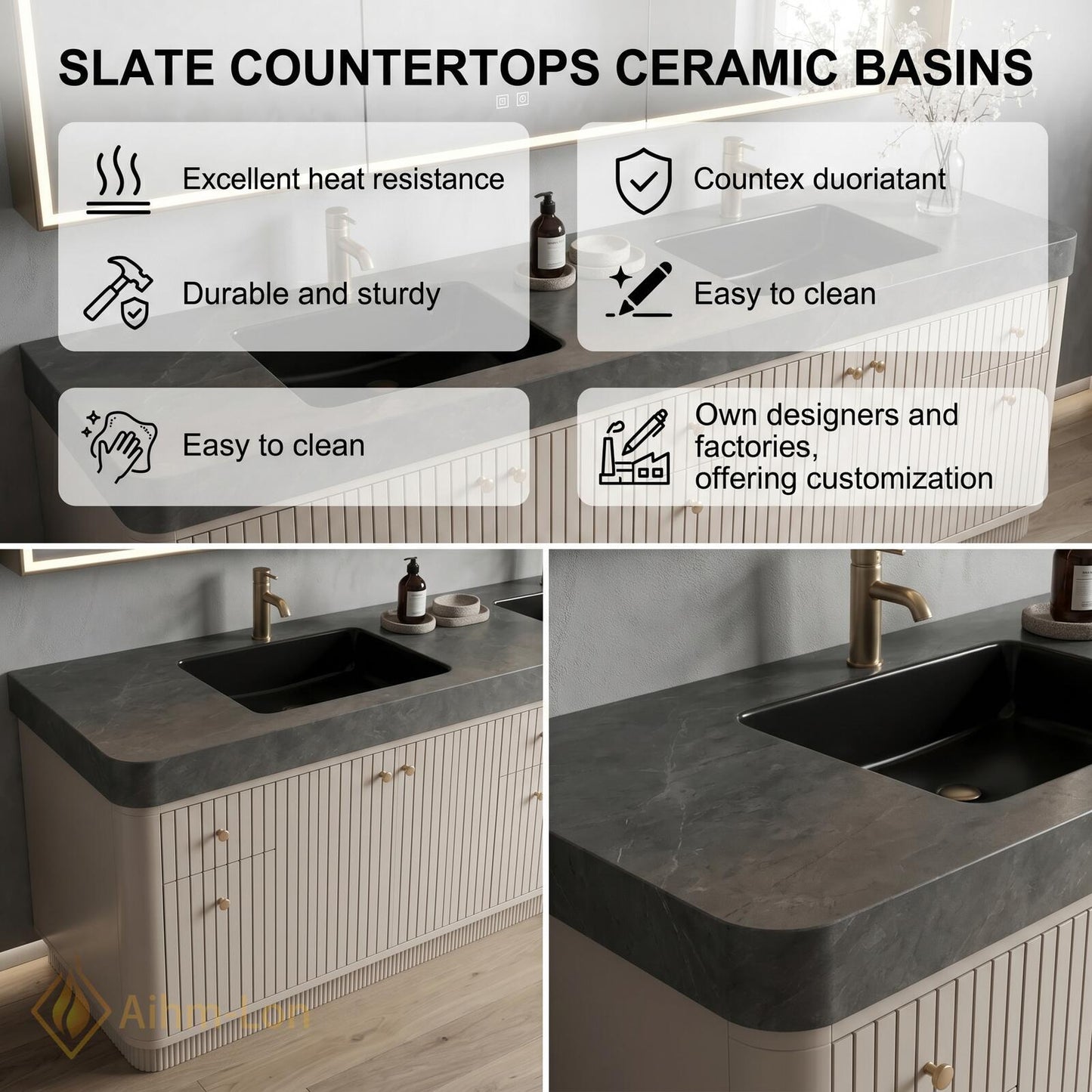 70''-96'' Double Bathroom Vanity with Sink Modern Floating Dark Grey Stone Top