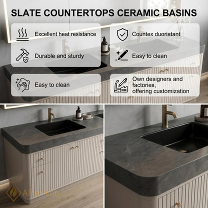 70''-96'' Double Bathroom Vanity with Sink Modern Floating Dark Grey Stone Top