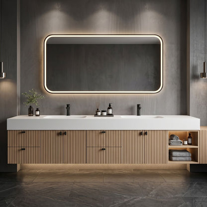 72''-96'' Modern Bathroom Vanity with Sink Double Basin Vertical Slats Solid Stone Cabinet
