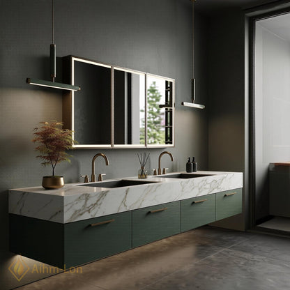 60''-96'' Double Bathroom Vanity with Sink Dark Green Textured Finish Open Shelving