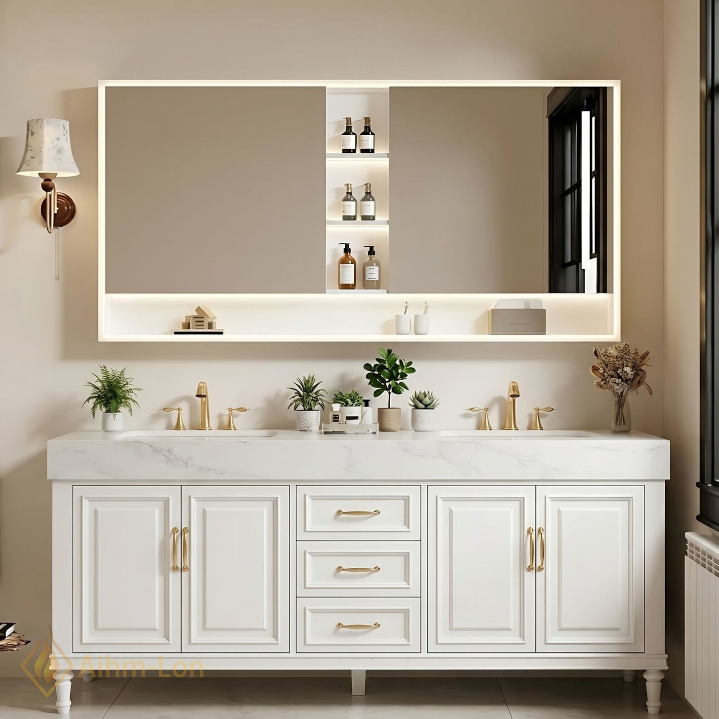 72''-96'' Double Bathroom Vanity with Sink White Shaker Panel Doors Marble Textured