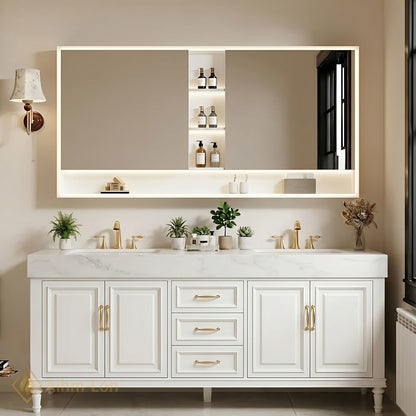 72''-96'' Double Bathroom Vanity with Sink White Shaker Panel Doors Marble Textured