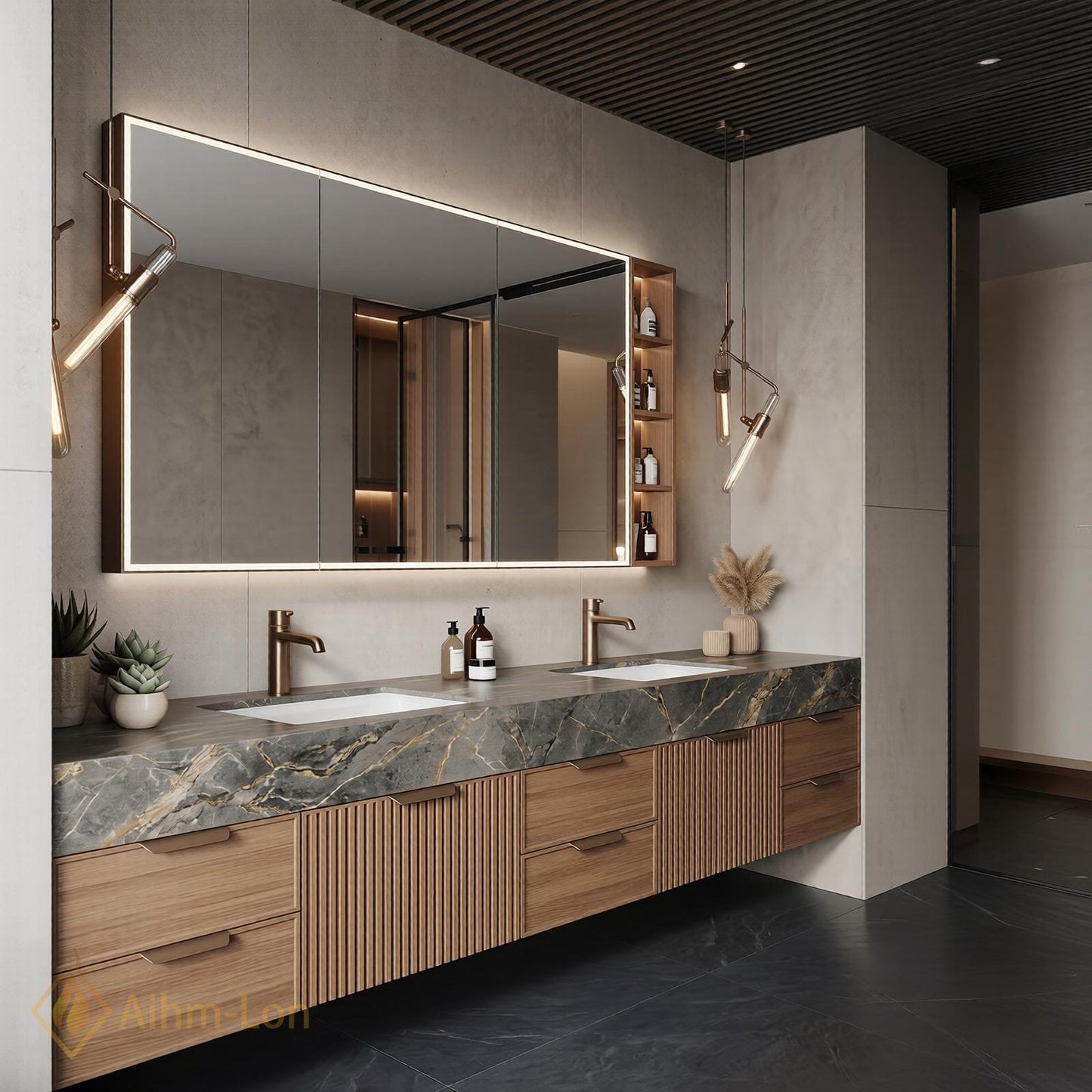 72''-96'' Double Bathroom Vanity with Sink Dark Modern Floating Stone Countertop Front