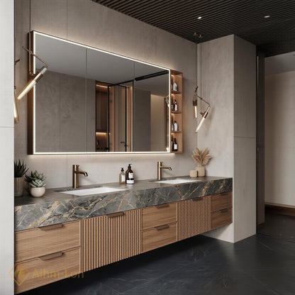 72''-96'' Double Bathroom Vanity with Sink Dark Modern Floating Stone Countertop Front