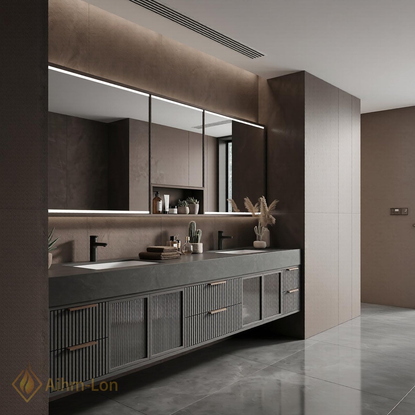 70''-96'' Double Bathroom Vanity with Sink Modern Floating Slatted Glass Dark Finish