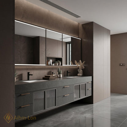 70''-96'' Double Bathroom Vanity with Sink Modern Floating Slatted Glass Dark Finish
