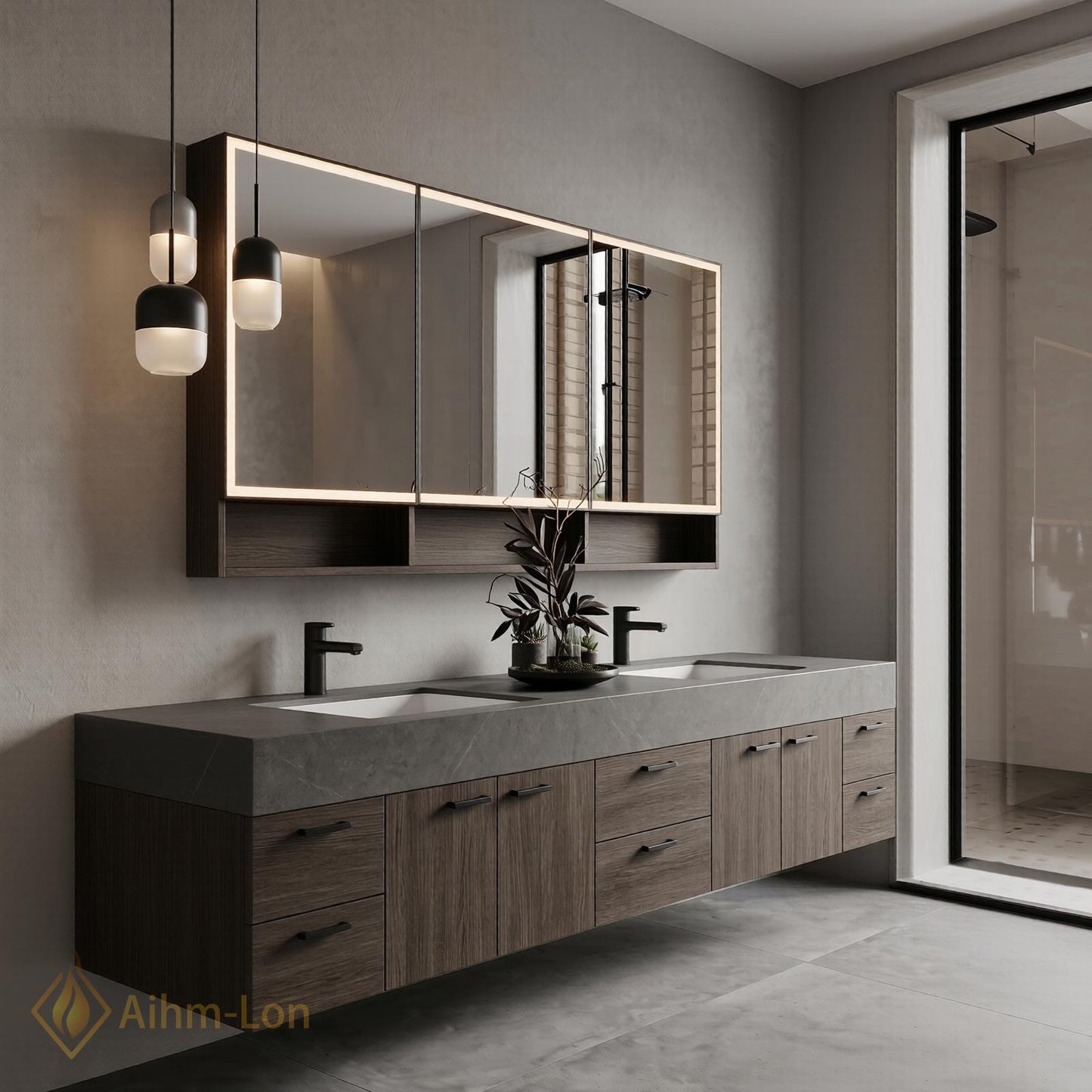 70''-96'' Modern Double Floating Bathroom Vanity with Sink Dark Center Slatted Panel
