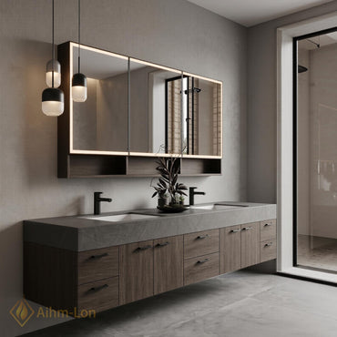 70''-96'' Modern Double Floating Bathroom Vanity with Sink Dark Center Slatted Panel