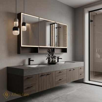 70''-96'' Modern Double Floating Bathroom Vanity with Sink Dark Center Slatted Panel
