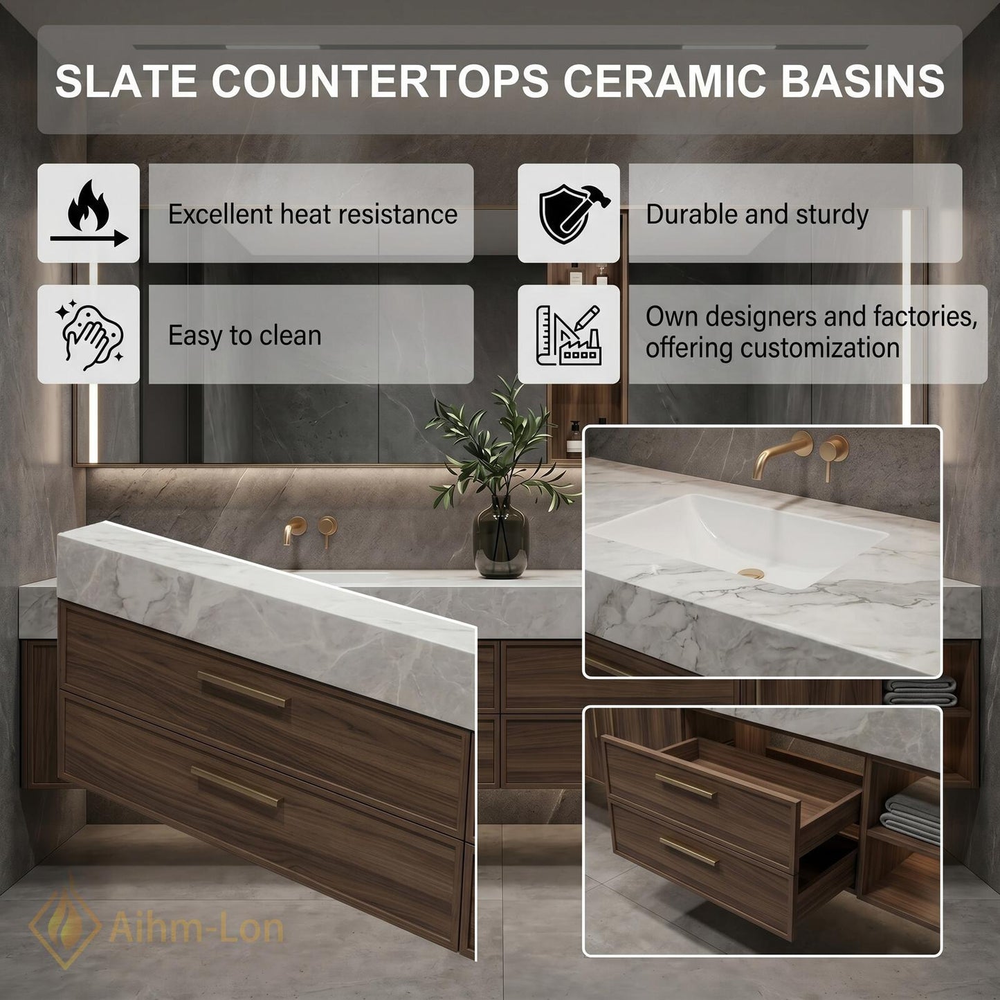 70''-96'' Double Bathroom Vanity with Sink Modern Floating Dark Walnut Marble Top