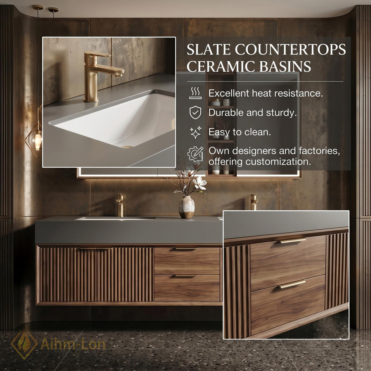 60''-96'' Double Bathroom Vanity with Sink Grey Stone Top Slatted Wood Finish