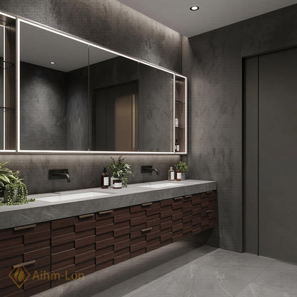 60''-96'' Double Bathroom Vanity with Sink Modern Floating Dark Slatted Walnut Finish