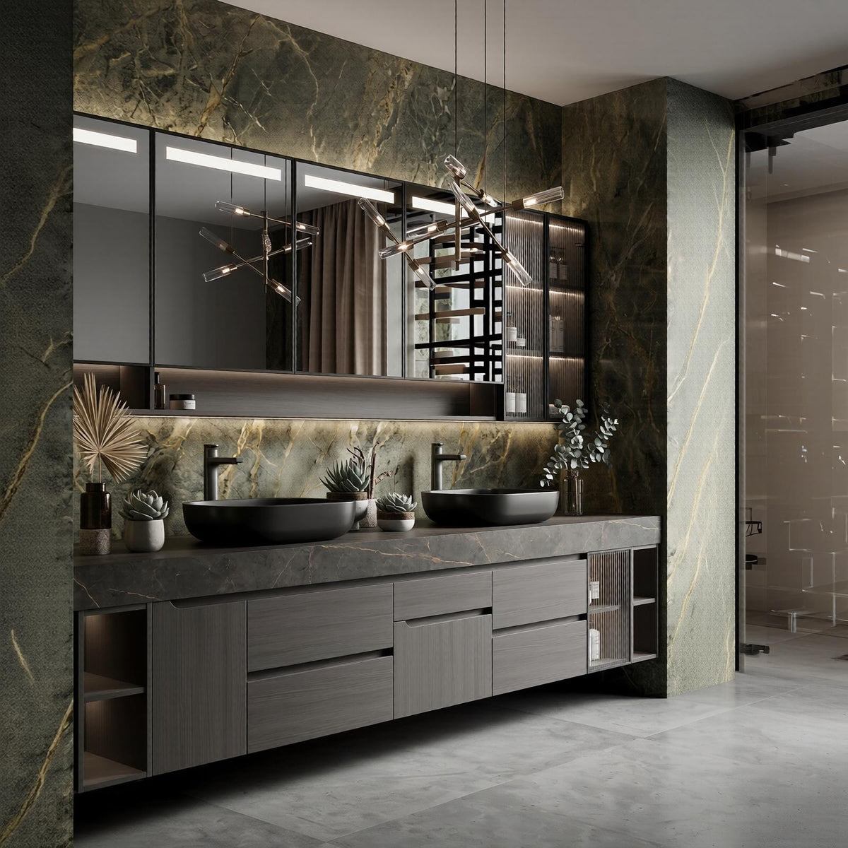 60''-96'' Double Bathroom Vanity with Sink Modern Floating Dark Grey Finish Textured Marble