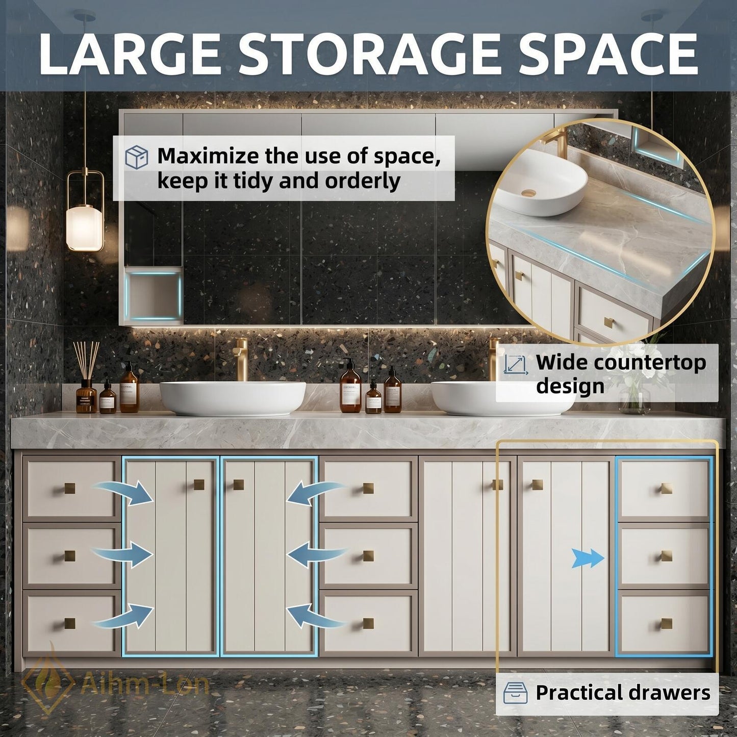 78''-96'' Double Bathroom Vanity with Sink Modern White Paneled Front Taupe Frame
