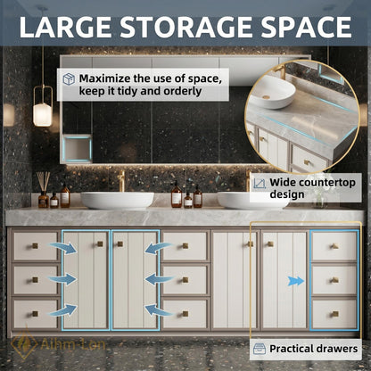 78''-96'' Double Bathroom Vanity with Sink Modern White Paneled Front Taupe Frame