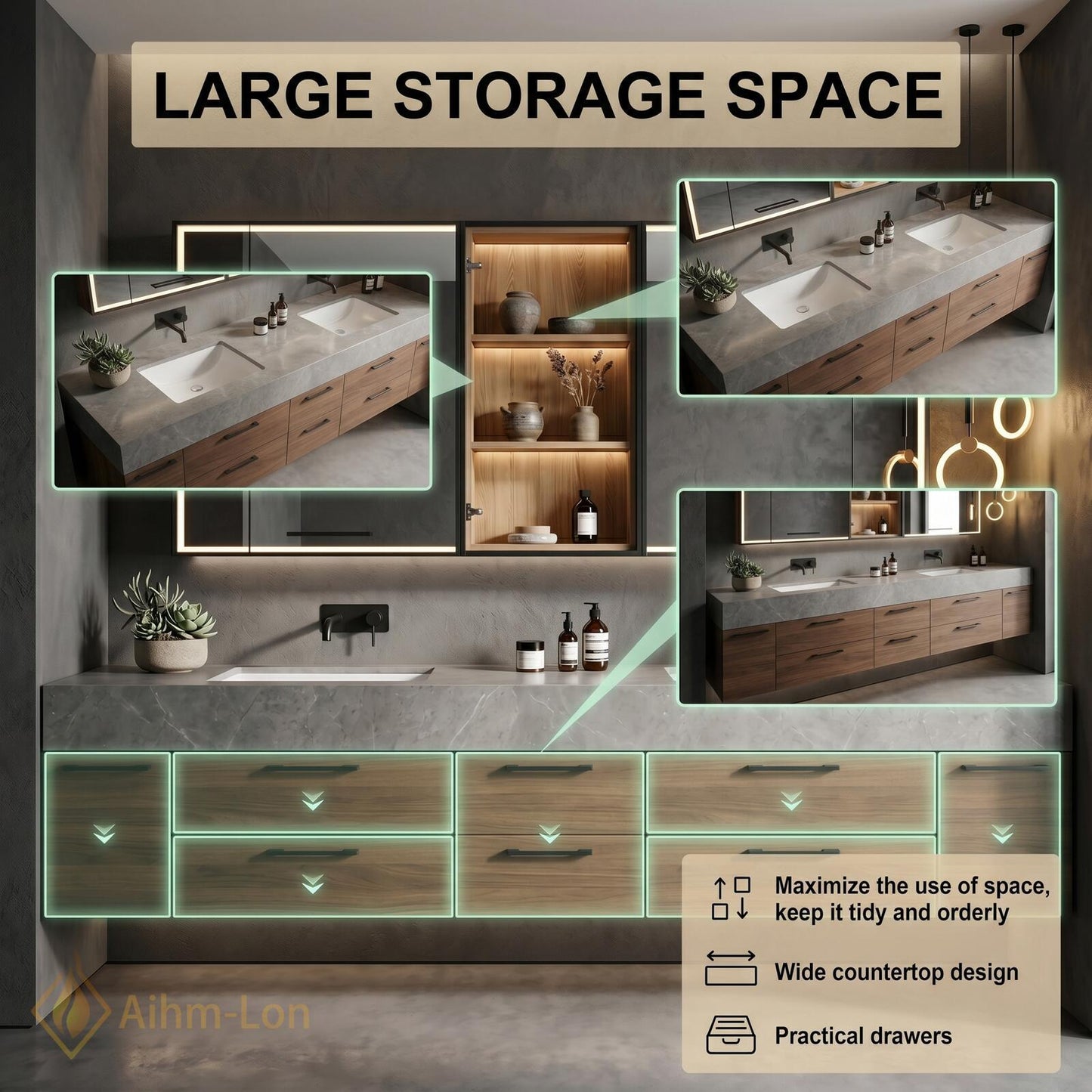 70''-96'' Double Bathroom Vanity with Sink Spacious Dark Wood Grain Marble-Style Top