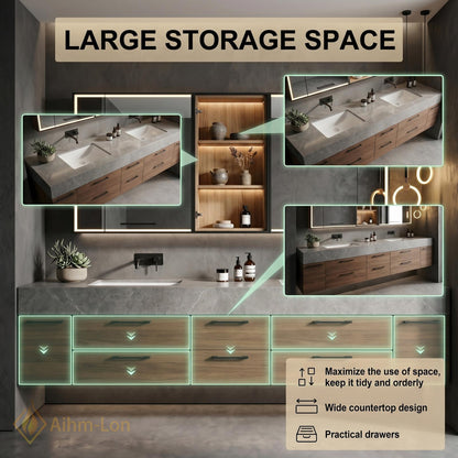 70''-96'' Double Bathroom Vanity with Sink Spacious Dark Wood Grain Marble-Style Top