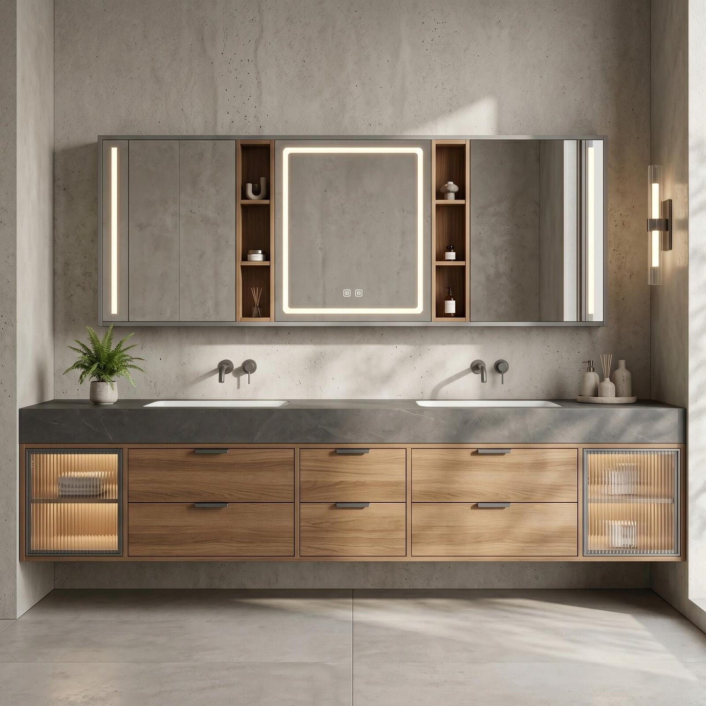 70''-96'' Modern Bathroom Vanity with Sink Double Sink Slatted Door Warm Wood Grain Cabinet