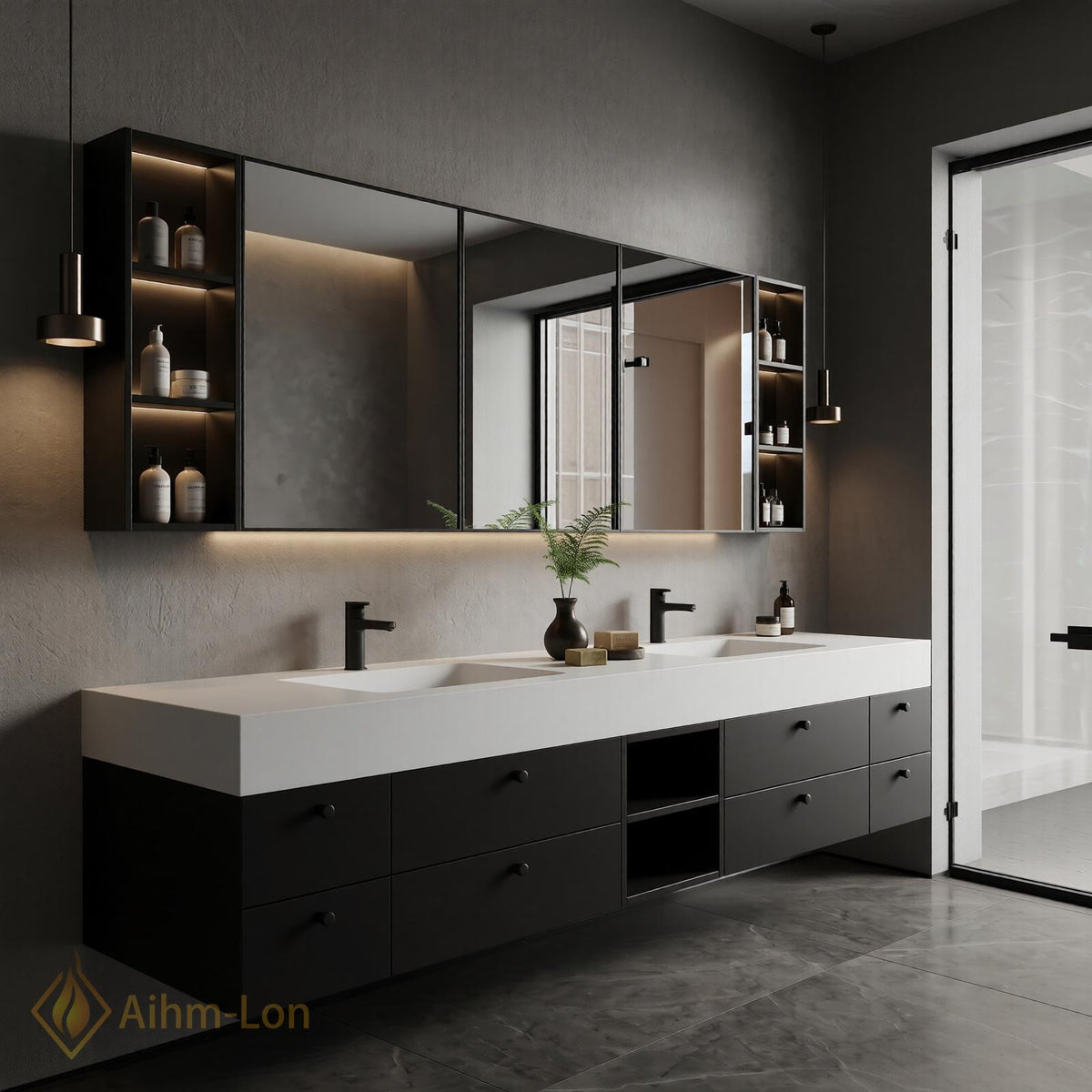 60''-96'' Double Bathroom Vanity with Sink Matte Black Finish Central Open Shelf