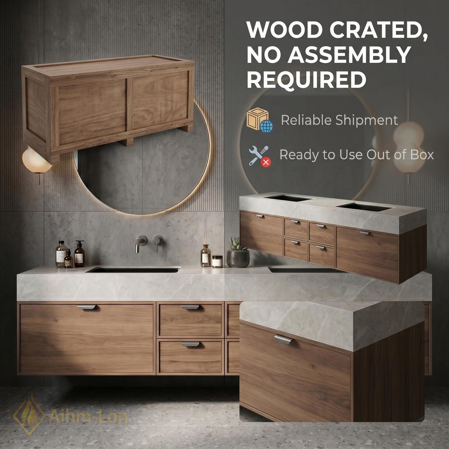 60''-96'' Double Bathroom Vanity with Sink Modern Floating Slatted-Panels Drawers Front