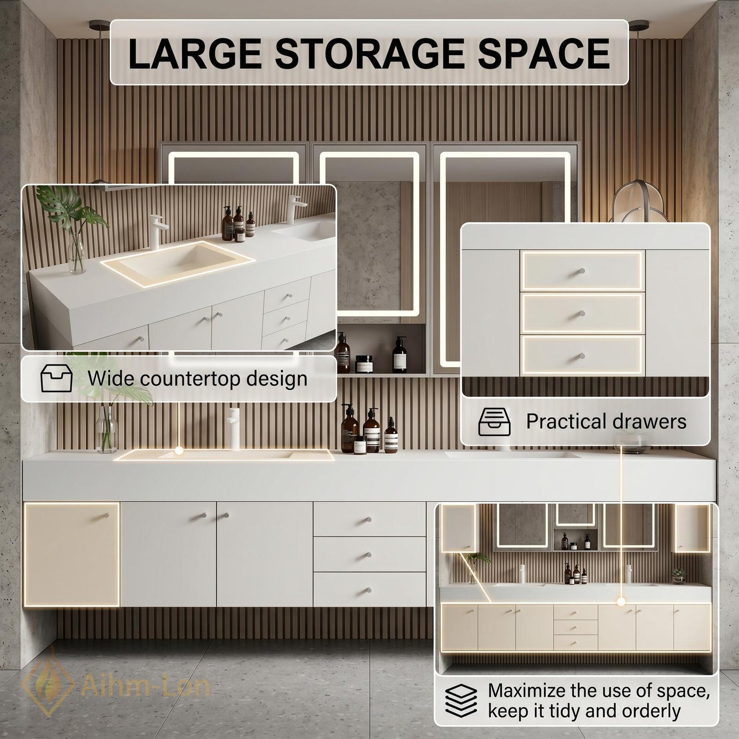 78''-96'' Modern Double Bathroom Vanity with Sink Floating Sleek Matte Slatted Wood