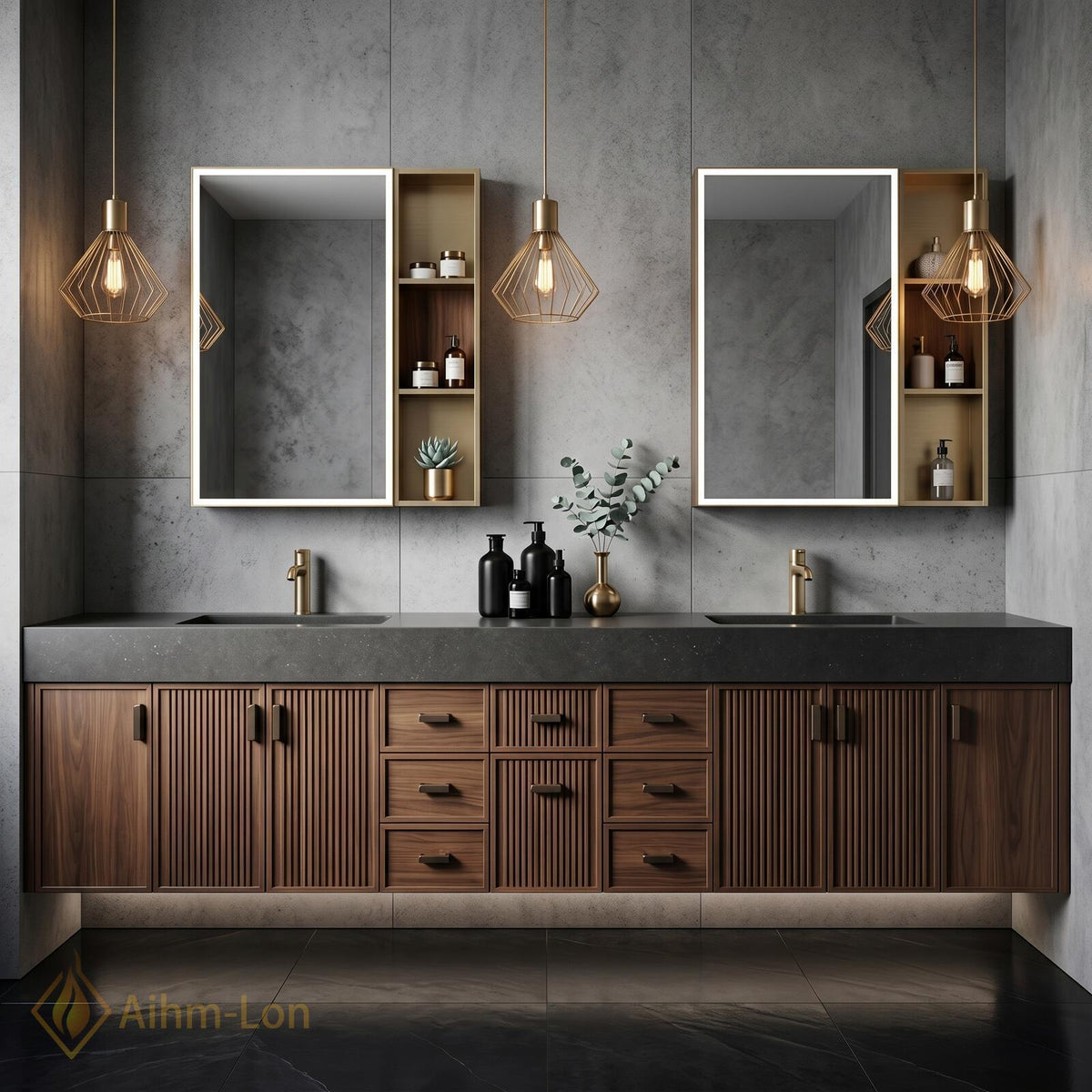 60''-96'' Double Bathroom Vanity with Sink Dark Walnut Slatted Back Panel Mirror