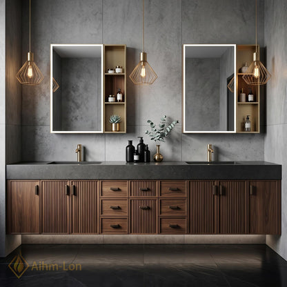 60''-96'' Double Bathroom Vanity with Sink Dark Walnut Slatted Back Panel Mirror