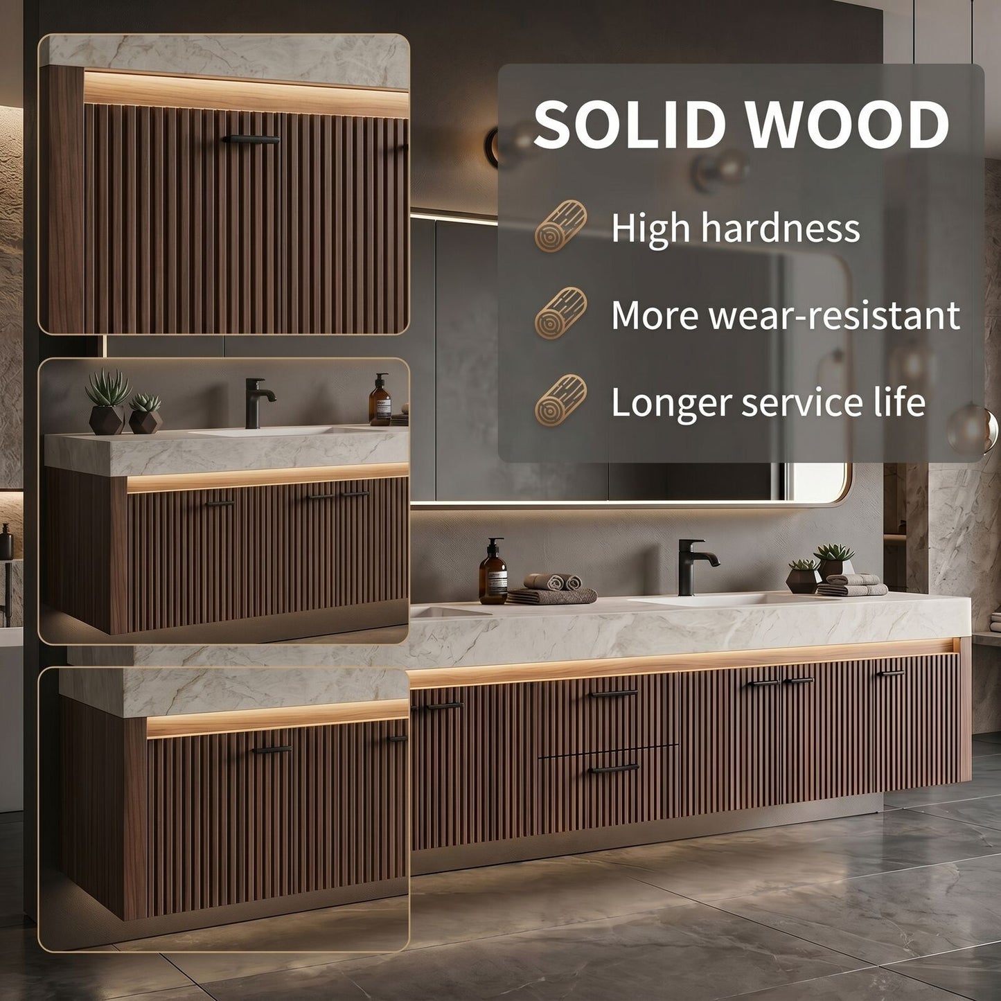 70''-96'' Modern Bathroom Vanity with Sink Double Sink Floating Wood Grain Storage Drawers