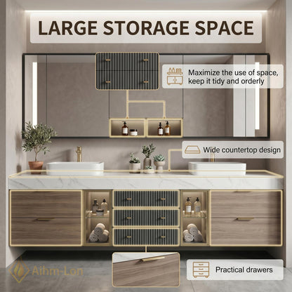 72''-96'' Double Bathroom Vanity with Sink Warm-Wood Floating Glass Storage Sleek