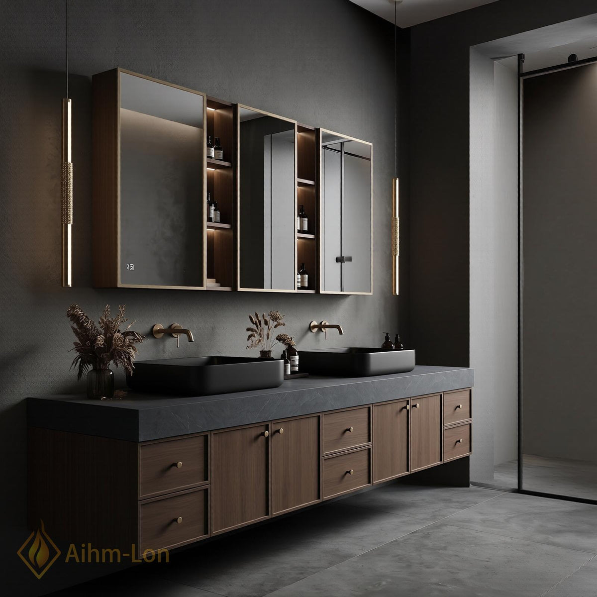 60''-96'' Double Bathroom Vanity with Sink Modern Dark Walnut Finish Mirror Storage
