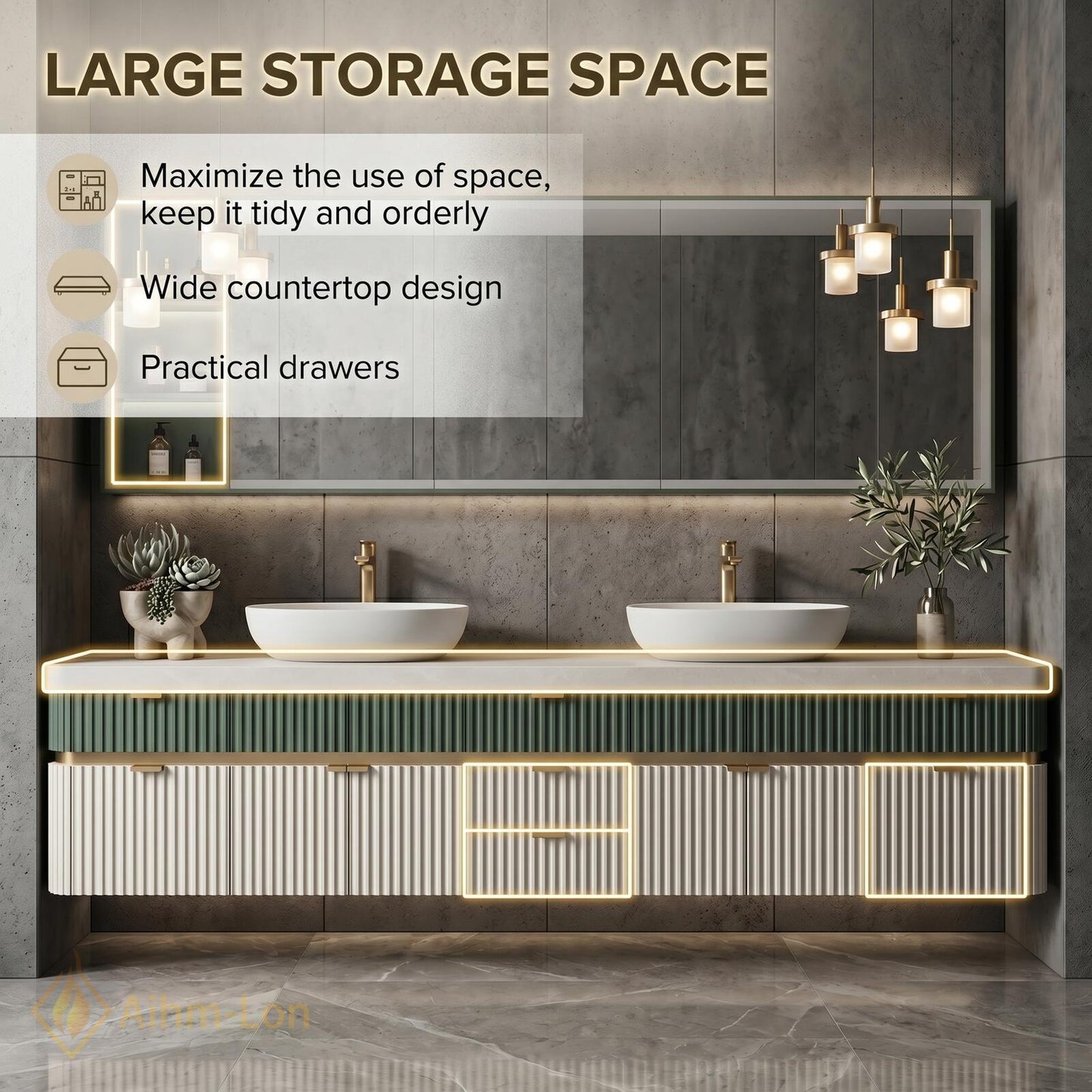 78''-96'' Modern Double Bathroom Vanity with Sink Floating Fluted Panel Two-Tone Finish
