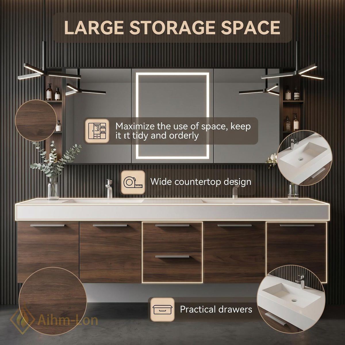 60''-96'' Double Bathroom Vanity with Sink Dark Walnut White Counter Slatted Panel